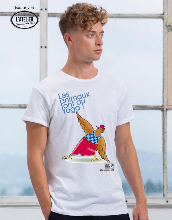 T-SHIRT homme bio "Les animaux font du Yoga" - Agnès HARDI, par l'Atelier-OCF I Le coq